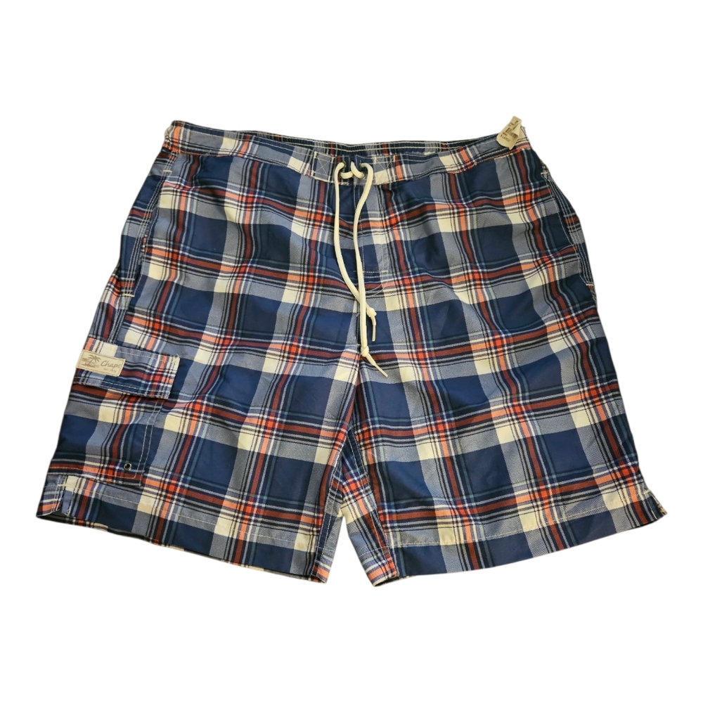 Mens Chaps Plaid Swimsuit Swim Trunks Orange White Blue Lined With Pockets XL
